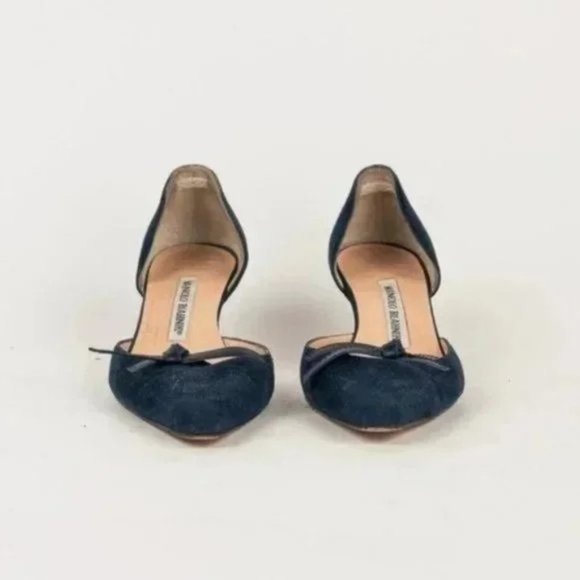 Manolo Blahnik Navy Suede Bow Kitten Heels - Picture 2 of 6